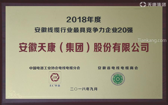 安徽天康集团在2018年安徽电缆行业20大zui具竞争力企业中排名优质